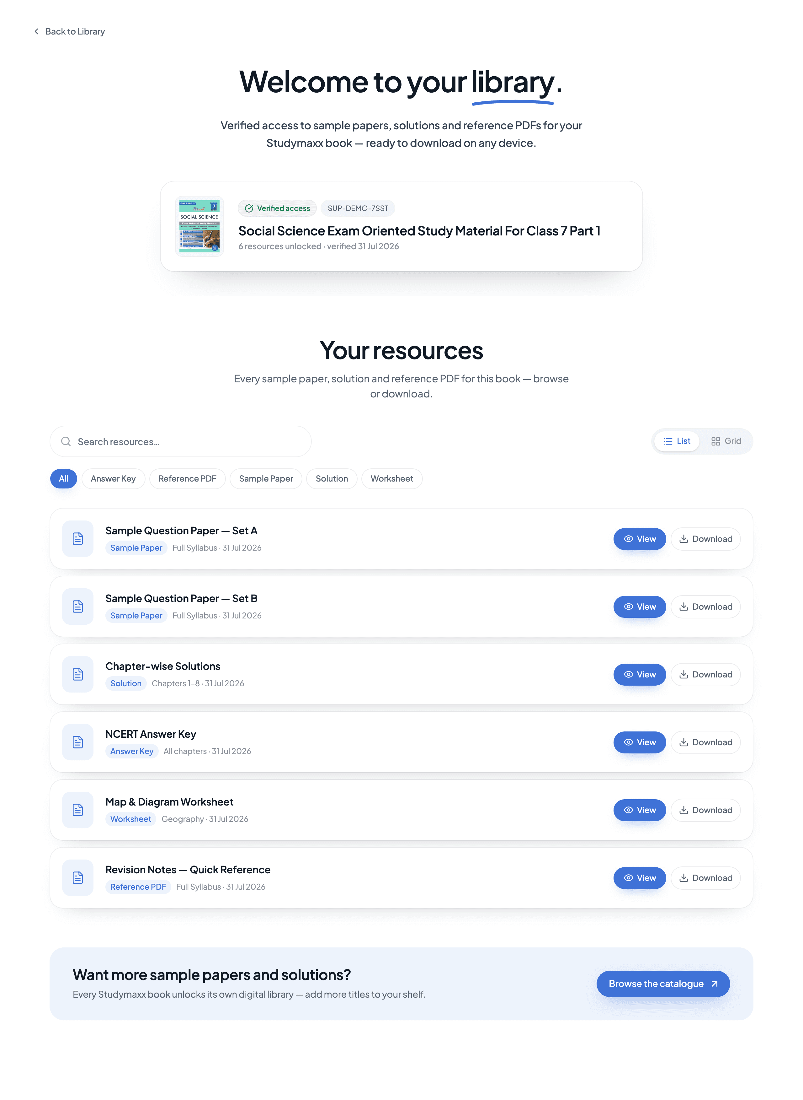 The support dashboard welcome screen with your book and verified access