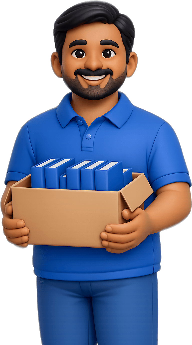 A bookstore owner holding a box of books