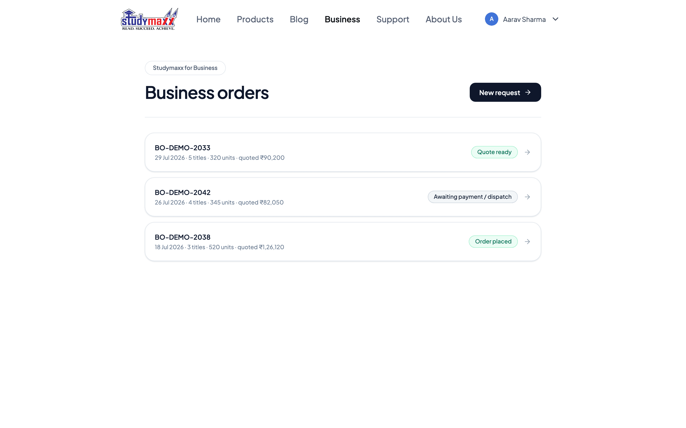 The business orders dashboard listing every request and its status