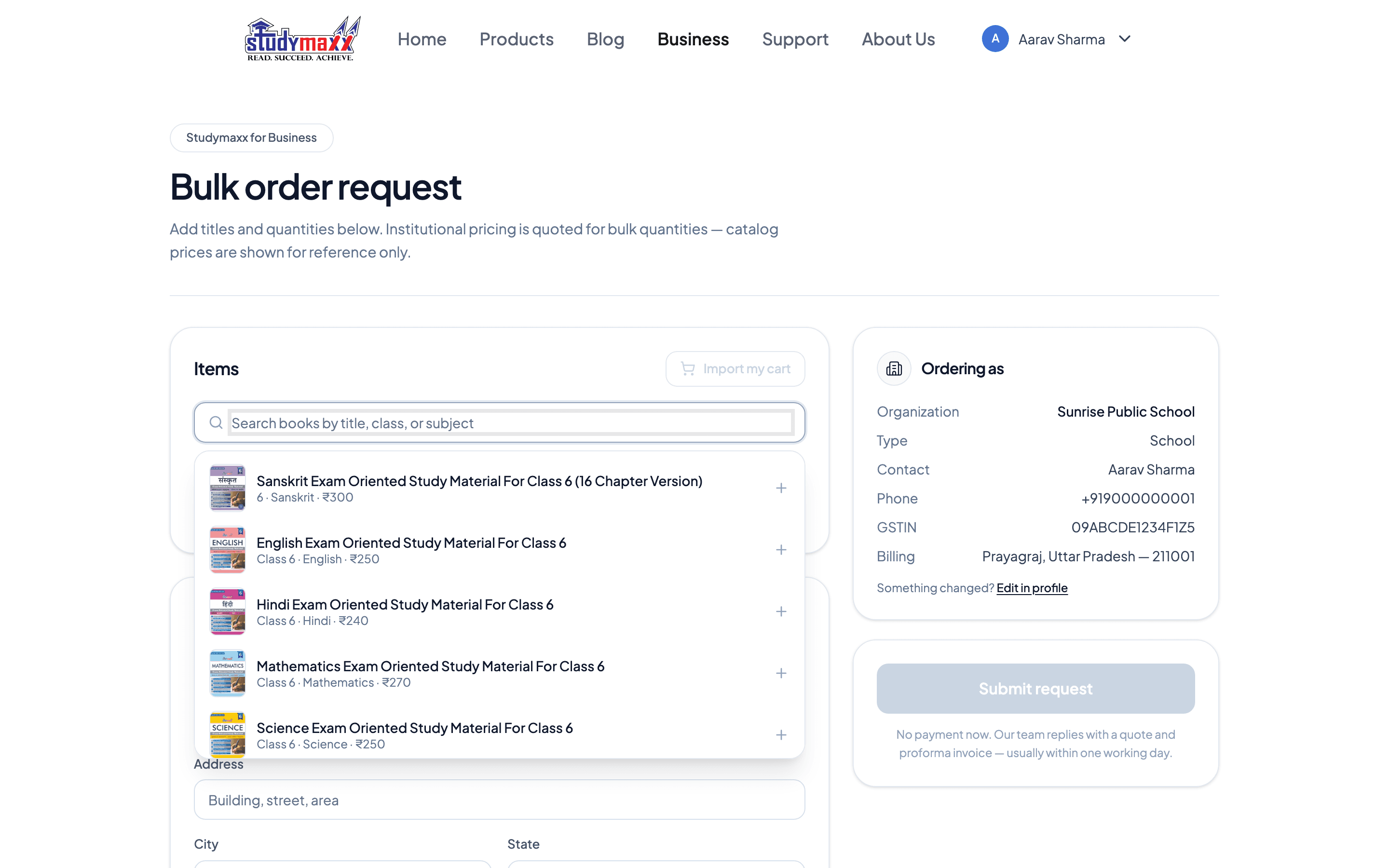 The bulk order request builder with the catalogue search and the ordering account panel